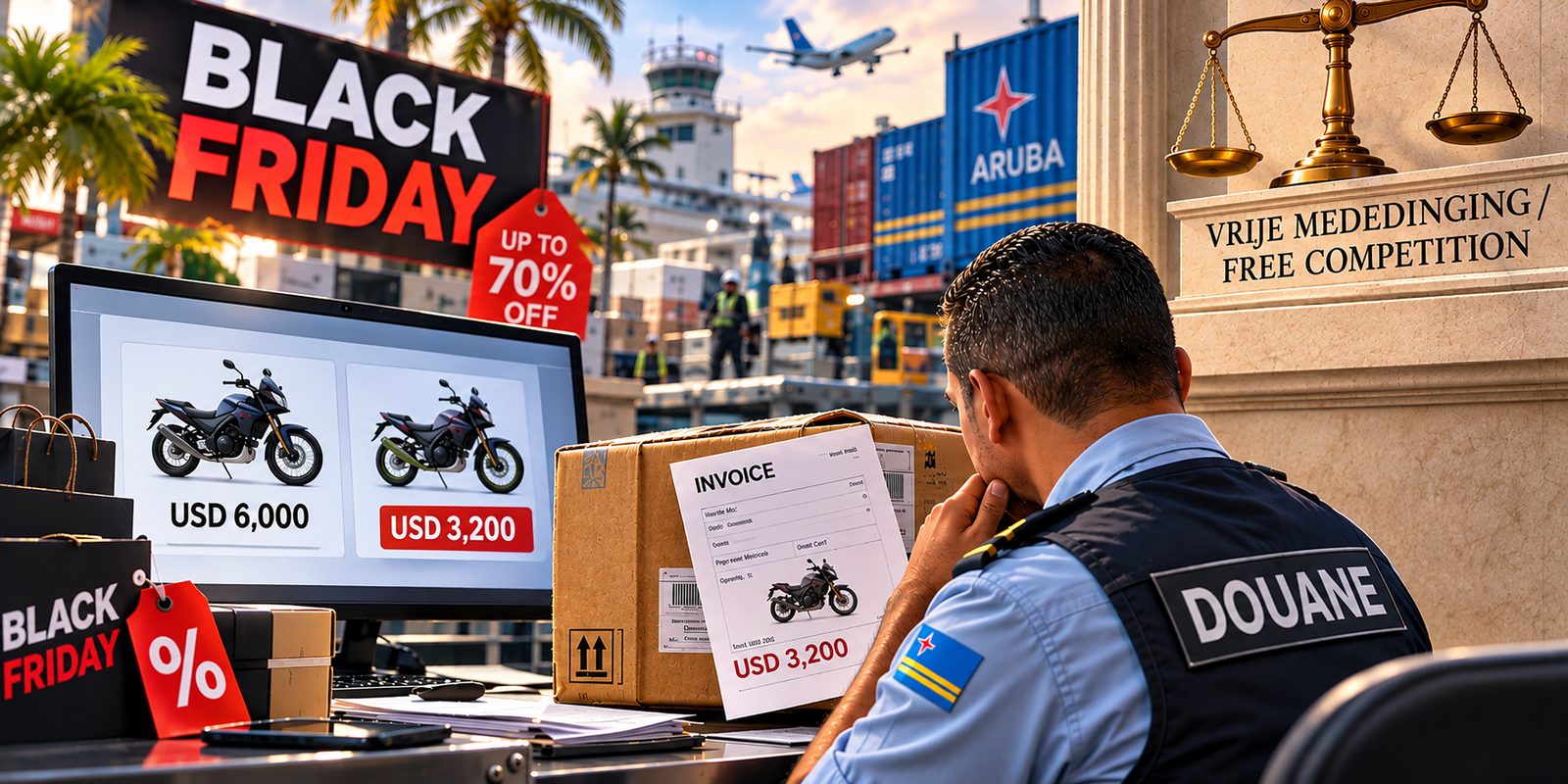A customs officer in a Douane vest studies a USD 3,200 invoice beside a parcel, while a screen shows the same motorcycle at USD 6,000 and USD 3,200; Black Friday sale signs, the Aruba port behind, and a plaque reading Vrije mededinging / Free competition beneath a set of scales.