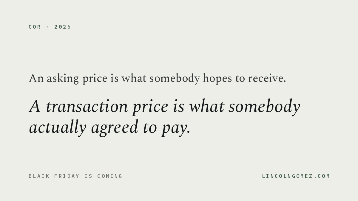 Pull quote: An asking price is what somebody hopes to receive. A transaction price is what somebody actually agreed to pay.