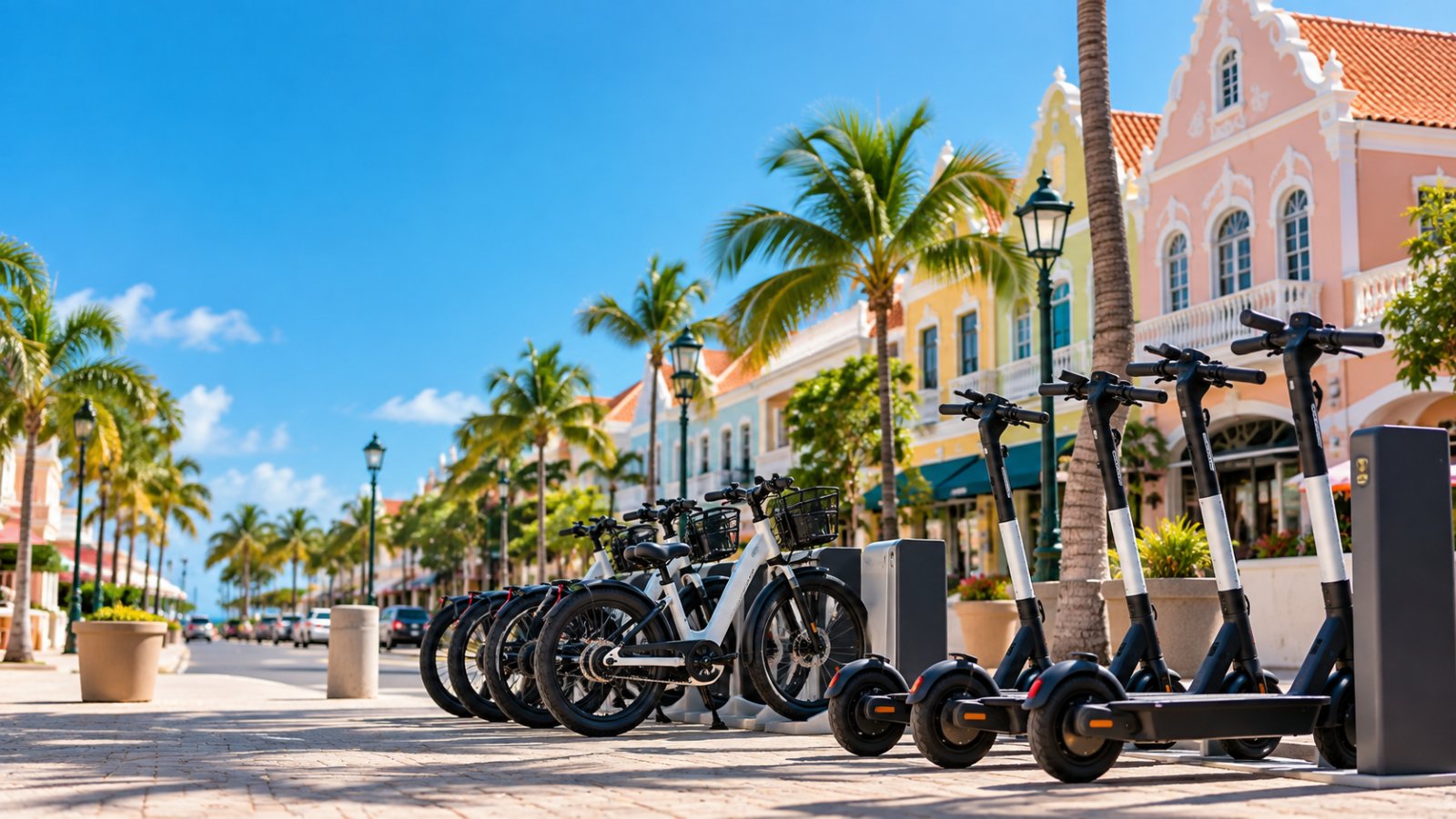 A sunny Oranjestad street lined with pastel Dutch-Caribbean colonial buildings and palms, with a row of electric rental scooters and e-bikes parked at a docking point in the foreground
