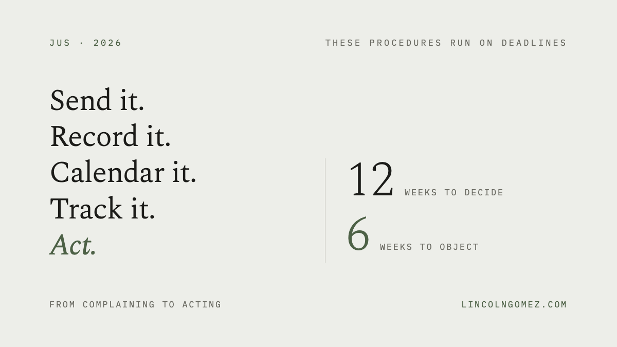 Pull quote: Send it. Record it. Calendar it. Track it. Act. Twelve weeks to decide, six weeks to object.
