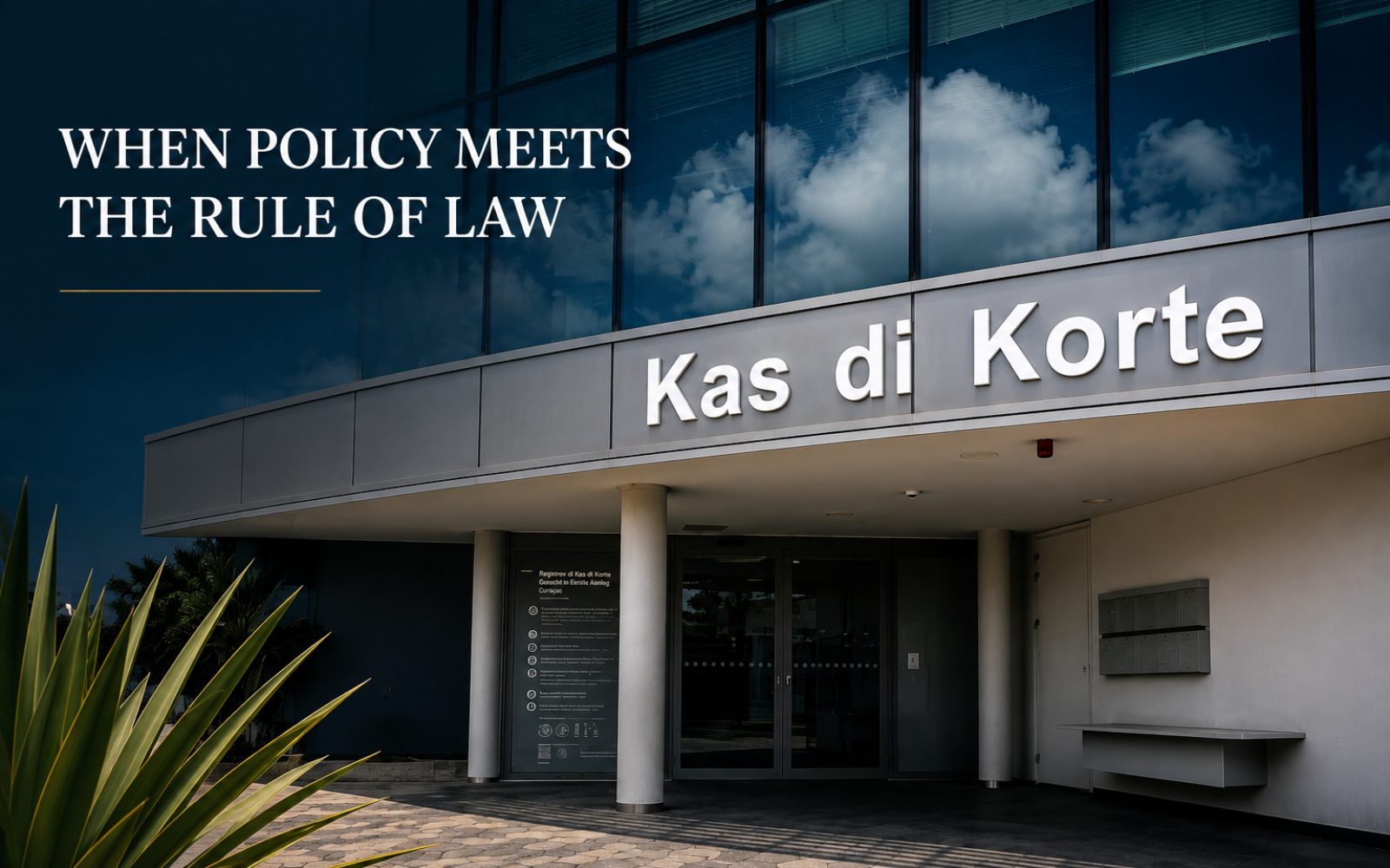 The entrance of the Kas di Korte courthouse in Curaçao, its name in white letters on the canopy above the doors, with clouds reflected in the glass facade