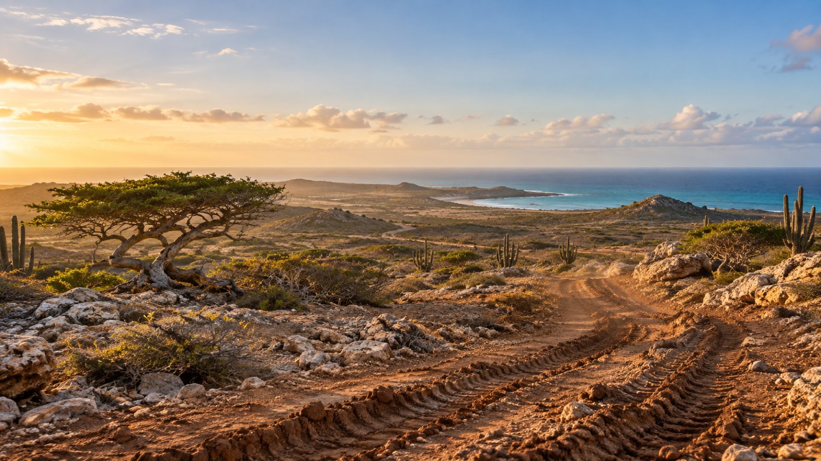 Aruba's arid interior at golden hour: a wind-bent divi-divi tree and tall cactus among red-brown rock and dry scrub, with deep off-road tyre tracks gouged through the foreground leading toward a distant turquoise coastline