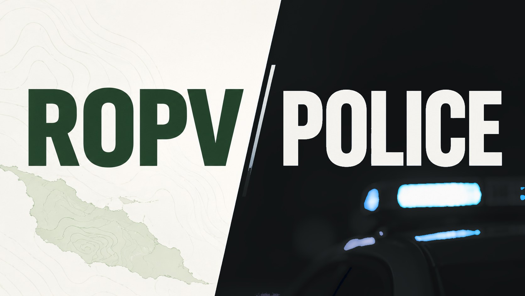A banner split on a diagonal: on the pale left half a contour map of Aruba under the word ROPV in aloe, on the dark right half the word POLICE over the blue light bar of a police vehicle at night.