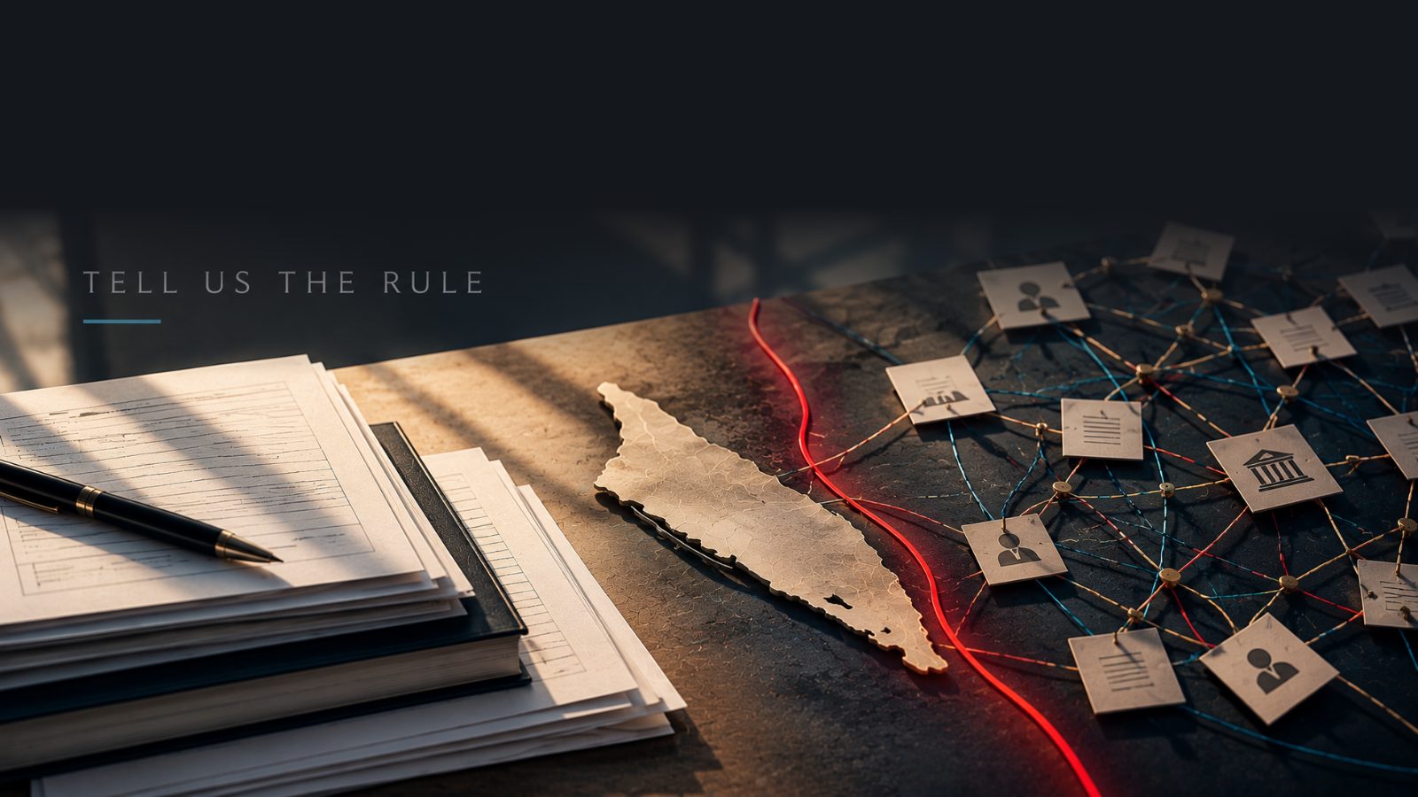 A desk at golden hour: a stack of official papers with a pen on the left, a cut-out of Aruba in the centre, and on the right a dense network of office cards linked by threads. A red line runs between them. Title: Tell us the rule