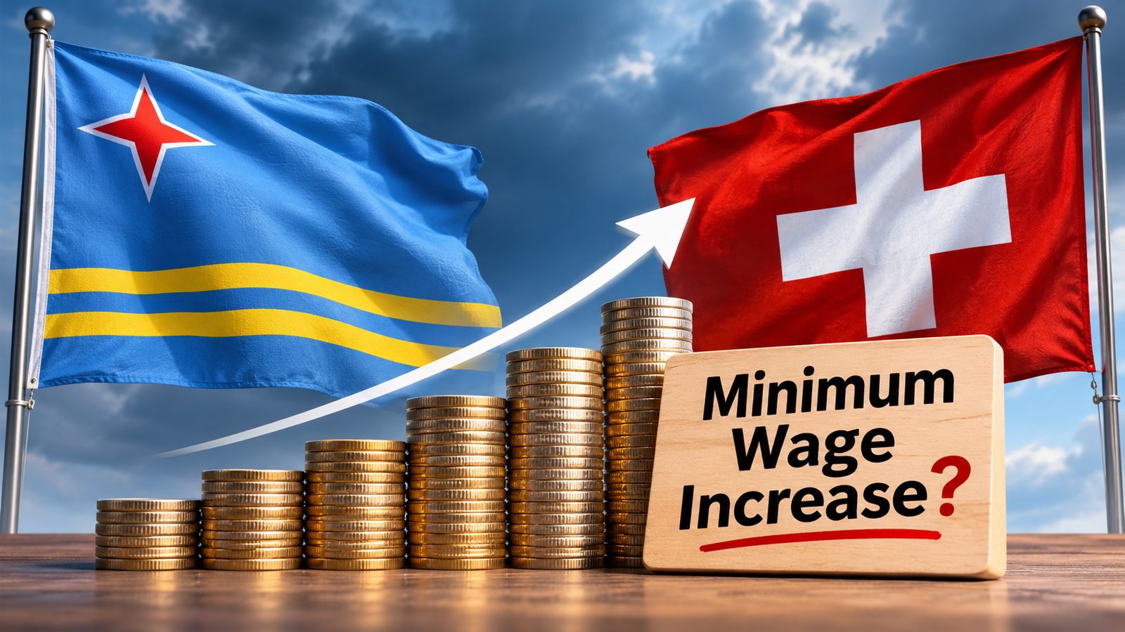 The flags of Aruba and Switzerland fly under a cloudy sky; between them, stacks of coins rise along an upward arrow toward a wooden block reading Minimum Wage Increase?