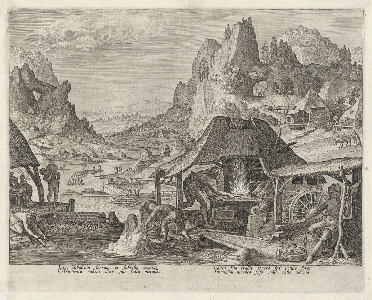Engraving of Tubal-Cain at his forge: a bearded smith bends over a fire throwing sparks under a thatched roof, children work beside him, his sister Naamah sits spinning thread at right, and a mountain valley with a river, mills and miners stretches behind; Latin verses from Genesis IV run along the bottom.
