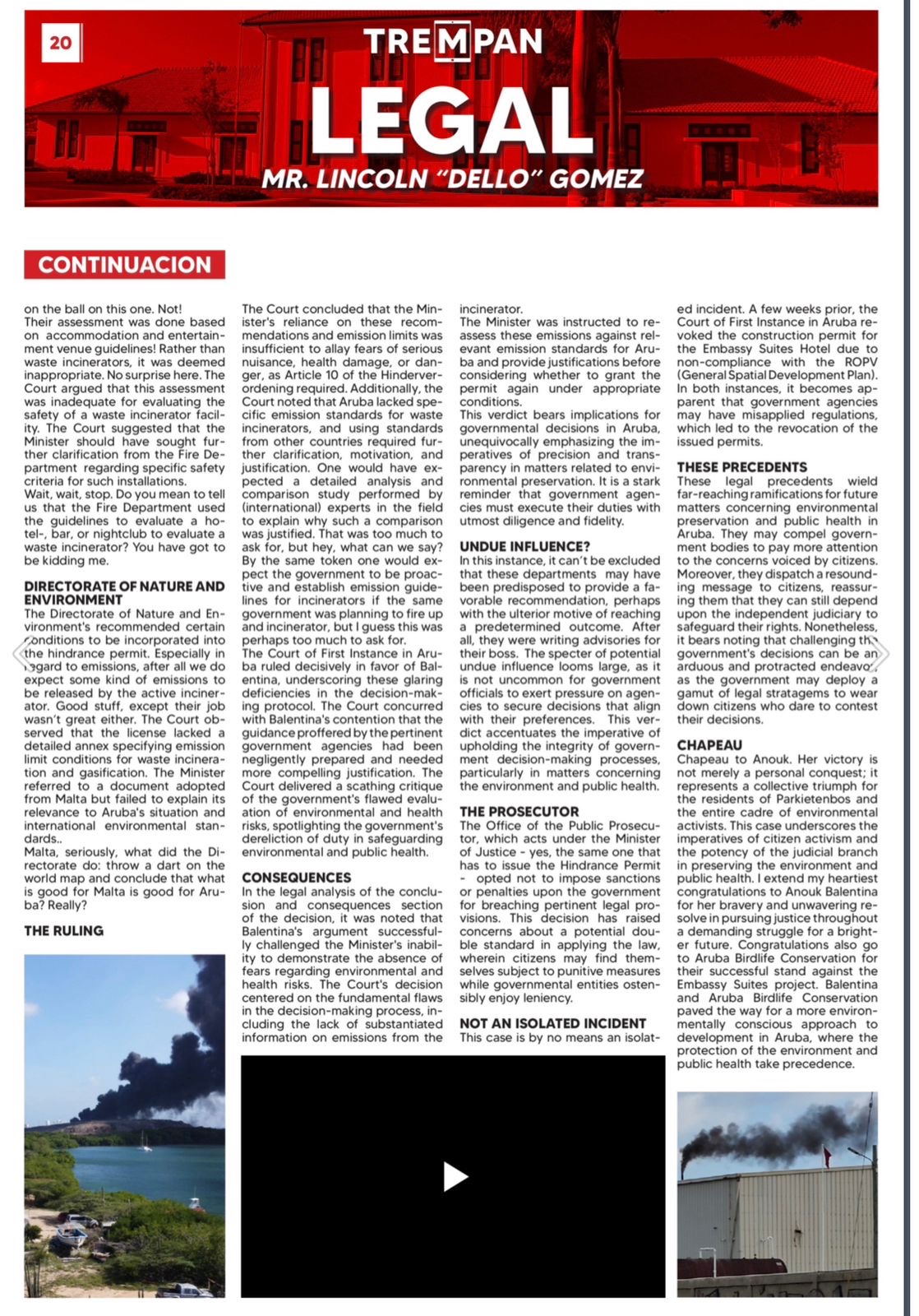 Continuation page of the Legal column on the incinerator ruling, with landfill fire photographs