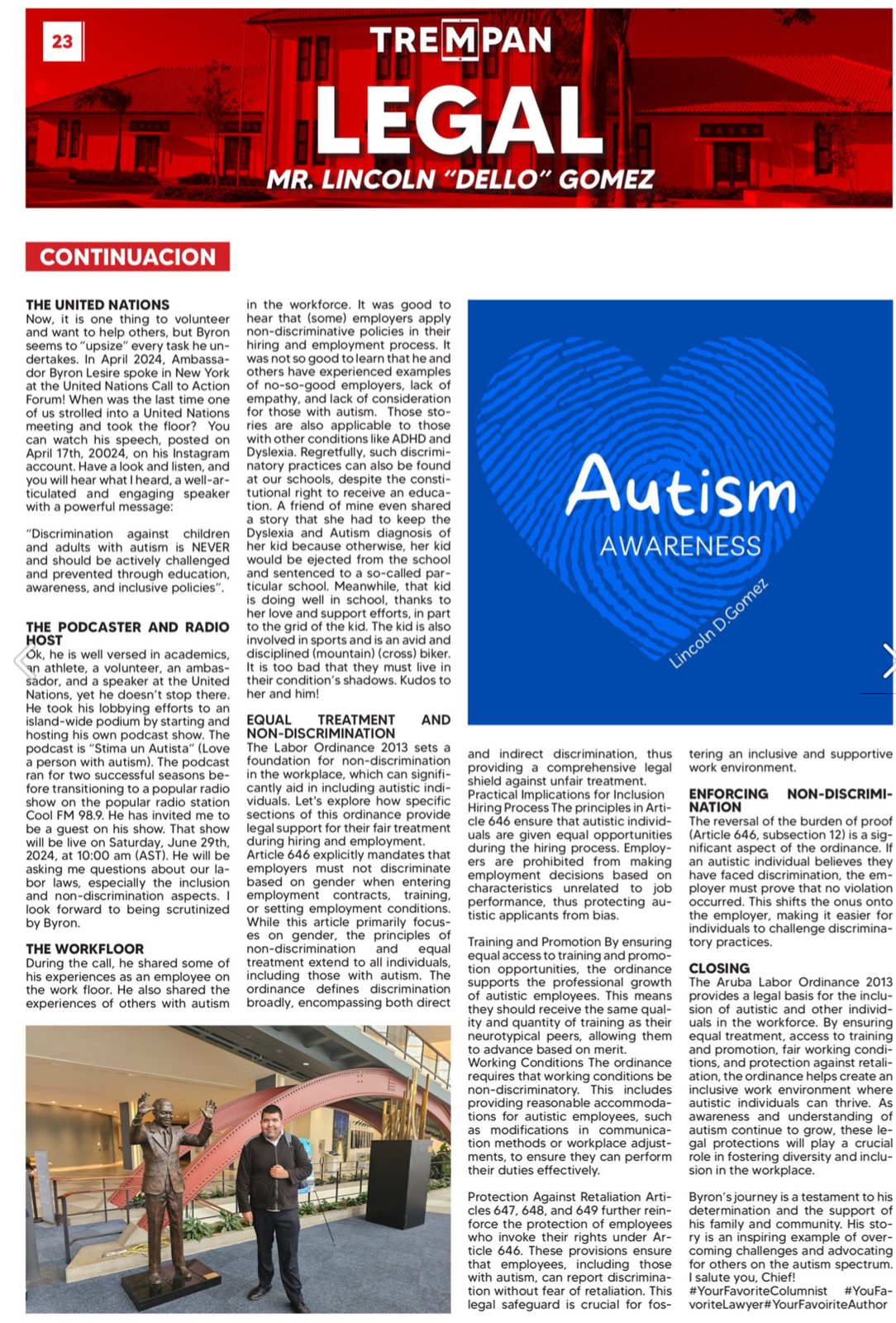 Continuation page of the column, with an Autism Awareness heart graphic and a statue photograph