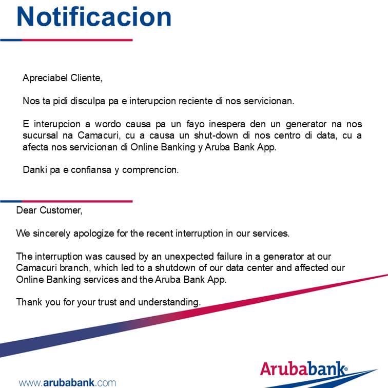 Bank notice in Papiamento and English apologising for an online banking outage
