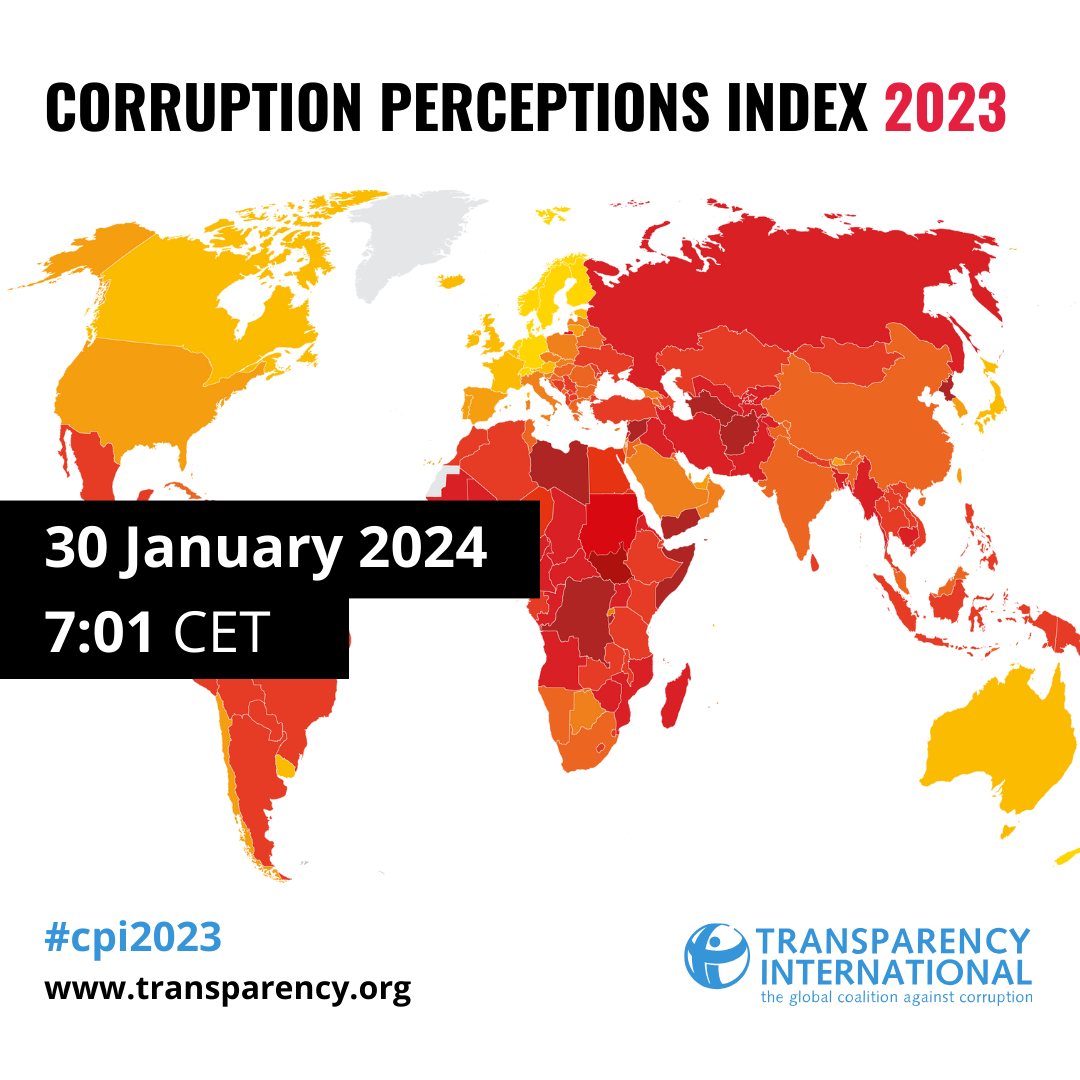 Announcement graphic for the 2023 Corruption Perceptions Index, with a colour-coded world map