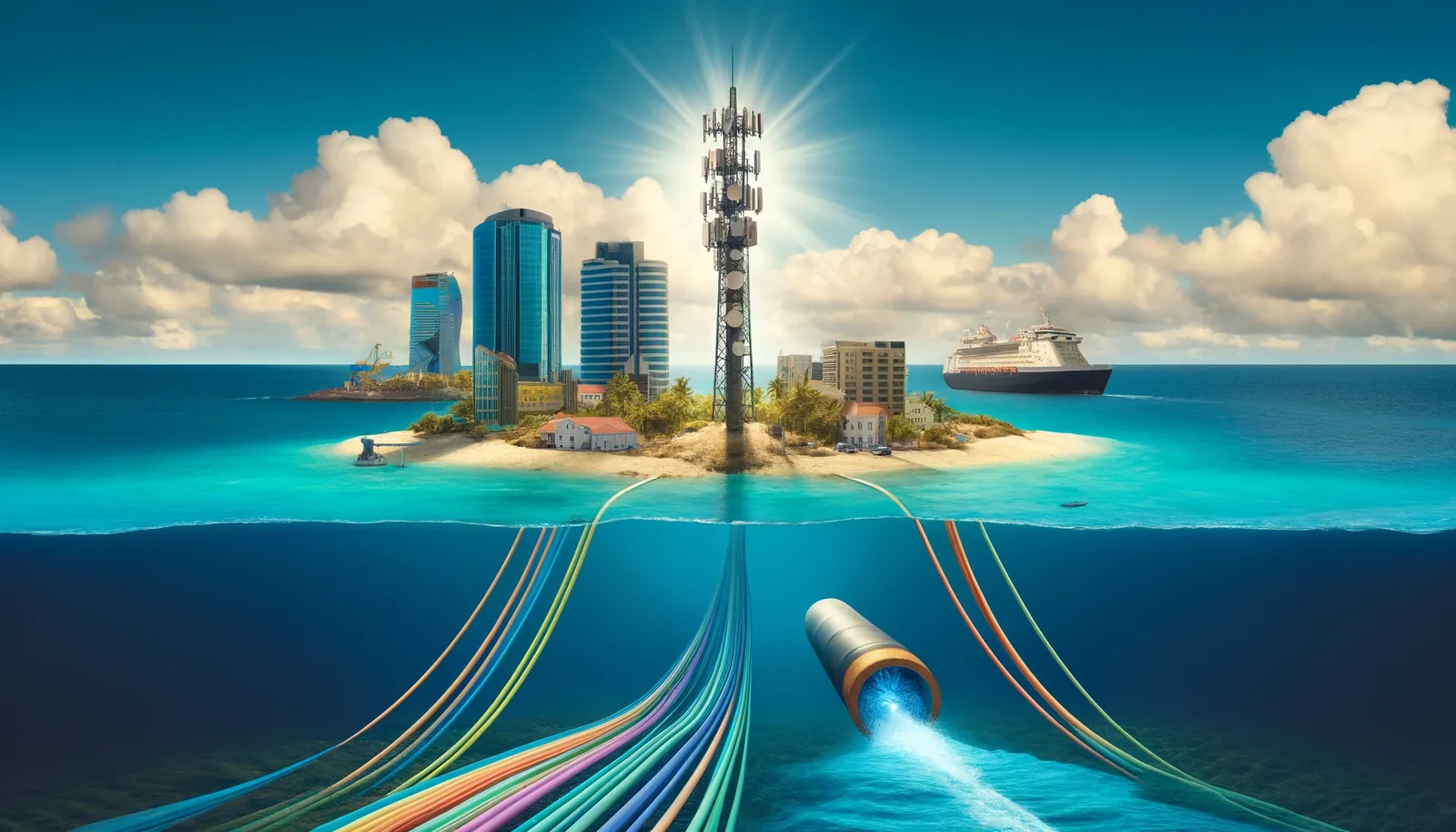 Illustration of a small island with a telecoms mast, fed by fibre cables under the sea