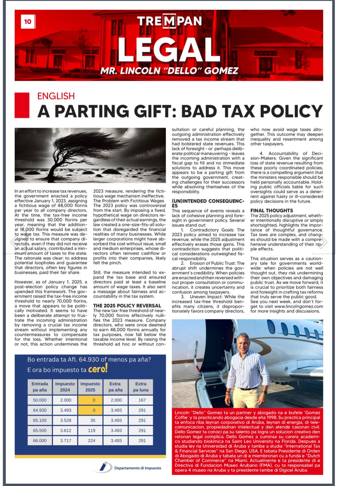 Newspaper Legal column headed A Parting Gift: Bad Tax Policy, with the tax comparison table