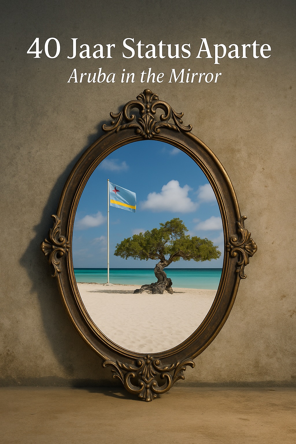 Graphic titled 40 Jaar Status Aparte: Aruba in the Mirror, an ornate mirror reflecting a fofoti tree and the Aruban flag on a beach