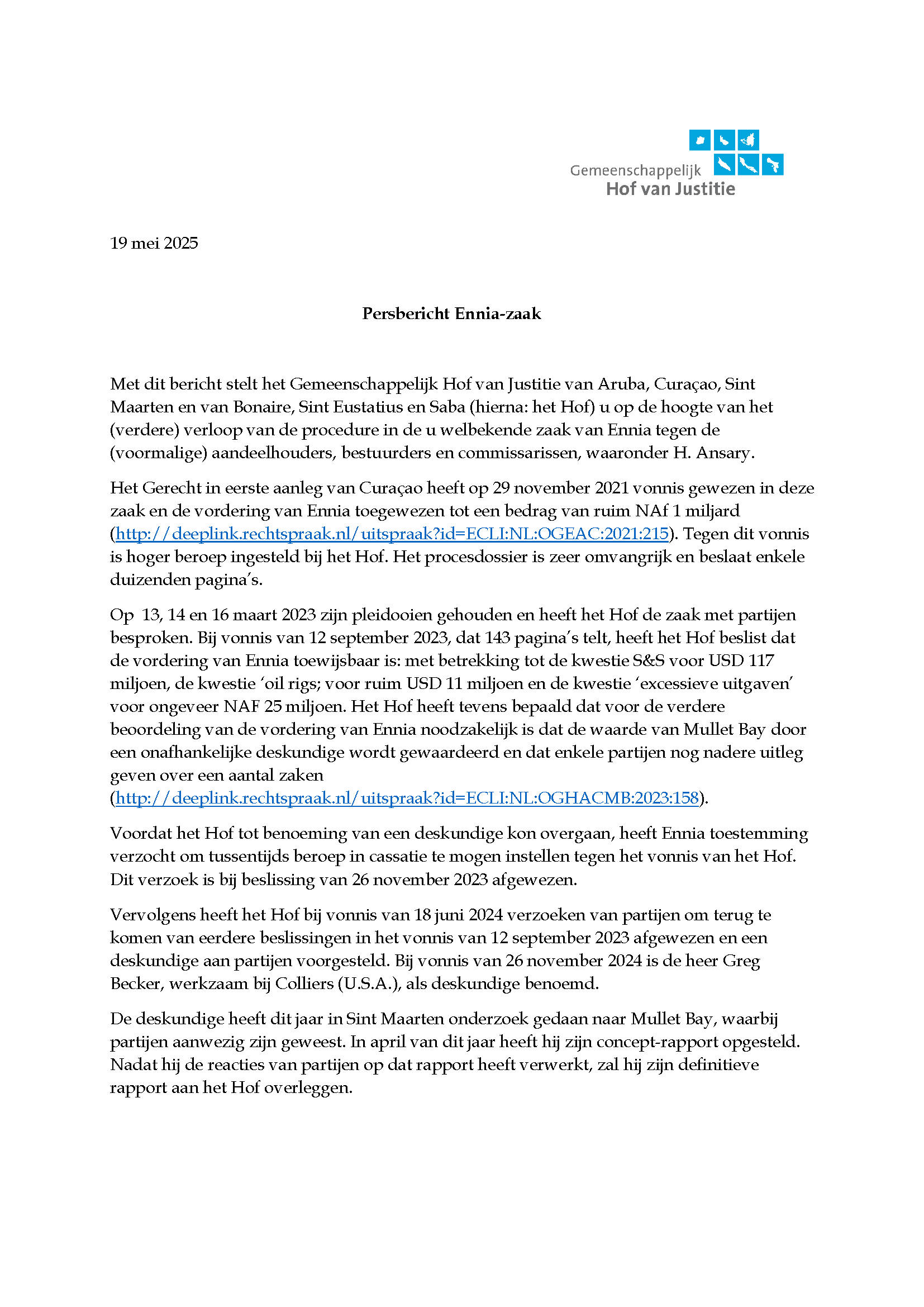 Court press release setting out the procedural history of the Ennia appeal and expert valuation