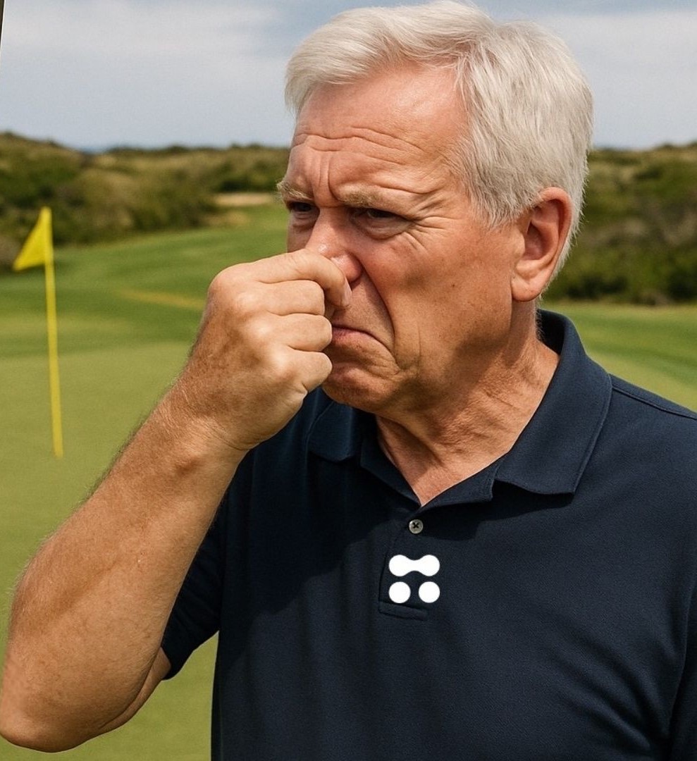 Man on a golf course pinching his nose shut, a flagstick on the green behind him