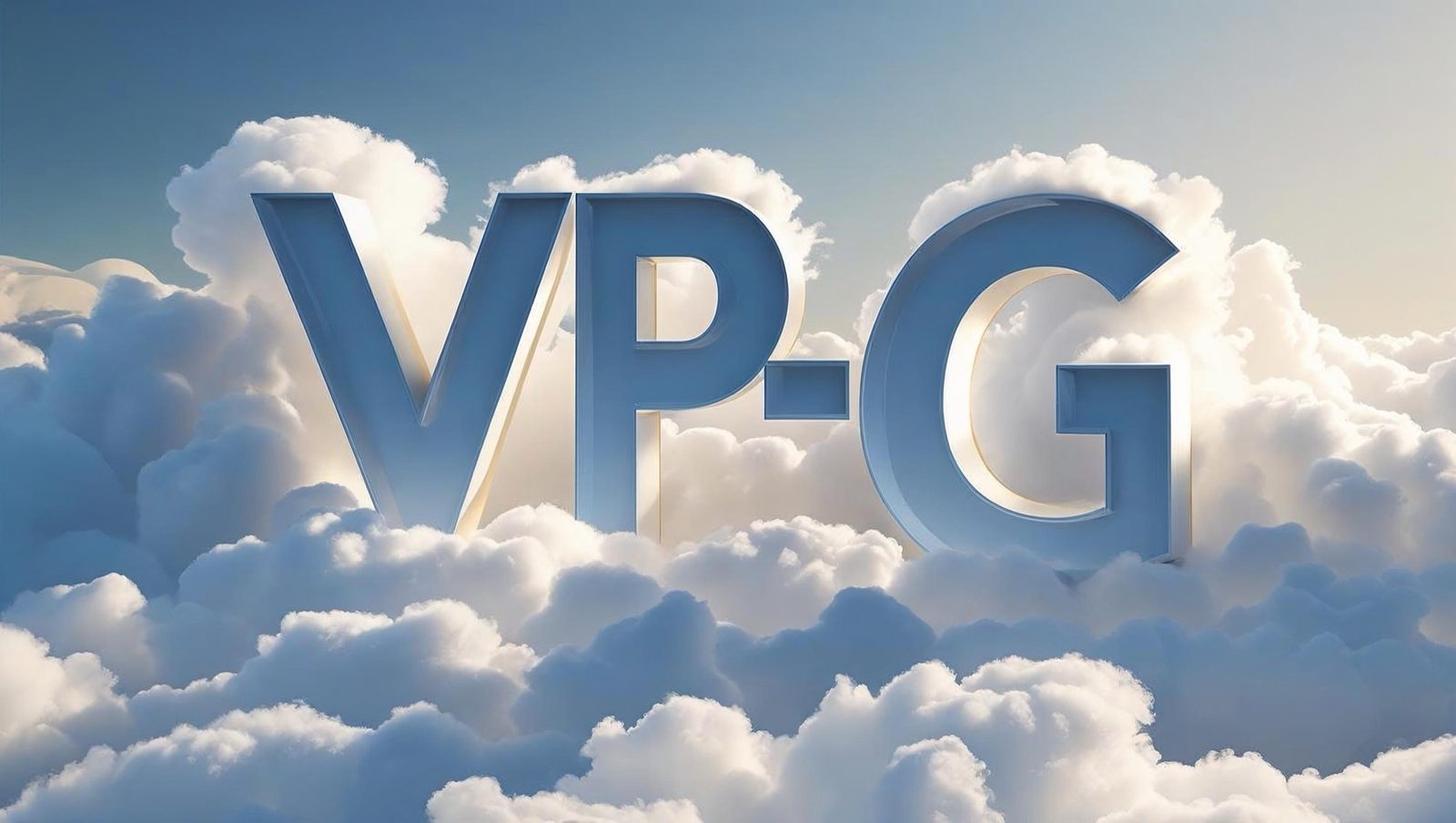 Three-dimensional letters VP-G standing among clouds