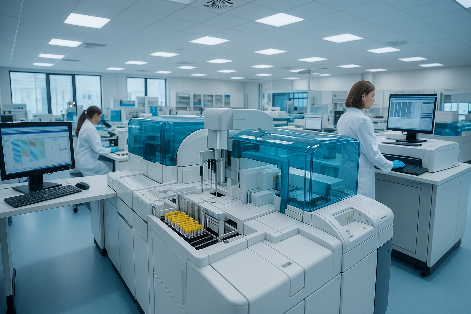 Clinical laboratory with automated analysers and technicians working at terminals