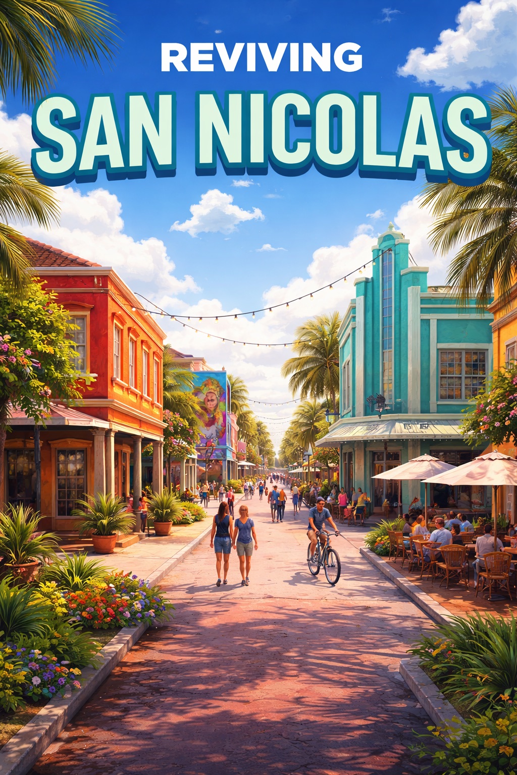 Illustrated poster of a restored San Nicolas street with cafés, murals and pedestrians