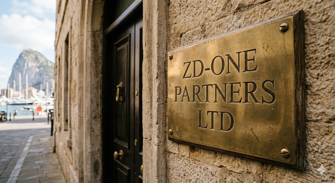 Brass nameplate reading ZD-One Partners Ltd beside a doorway, the Rock behind