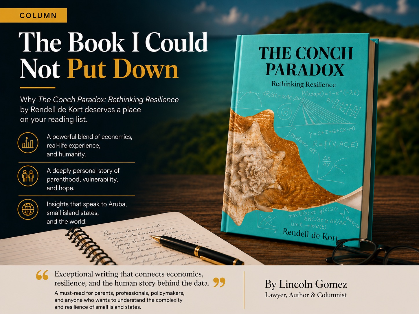 Column graphic on The Conch Paradox: Rethinking Resilience, showing the book beside a notebook