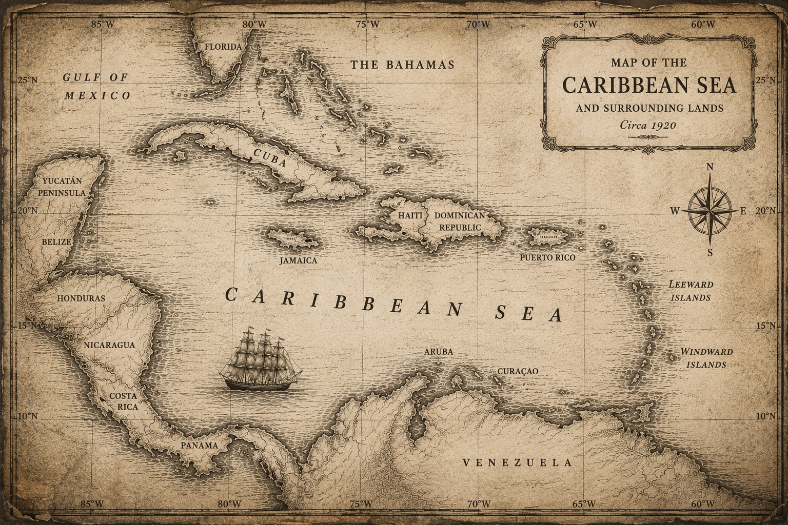 Antique-style map of the Caribbean Sea, with Aruba and Curaçao marked off Venezuela