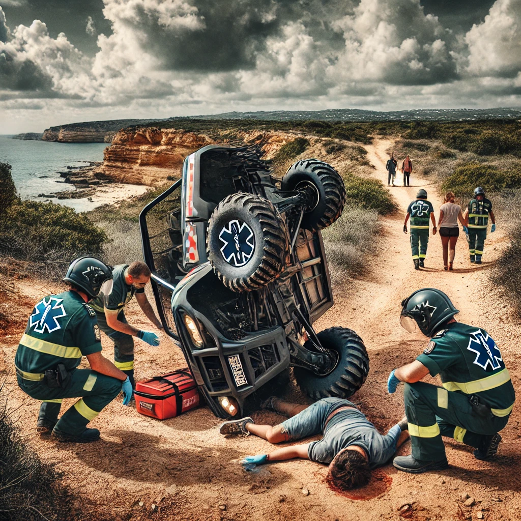 A high-quality, dramatic photo showing an overturned UTV on a rugged off-road trail near a coastal area, with paramedics